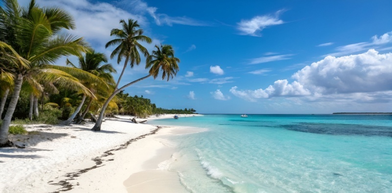 A tropical beach with clear turquoise water and palm trees lining the sand on the left