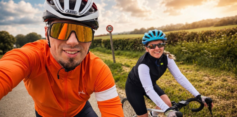 Two cyclists wearing sports sunglasses in the countryside