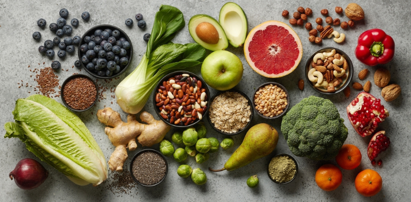 Various fresh products for healthy diet on grey kitchen table, top view